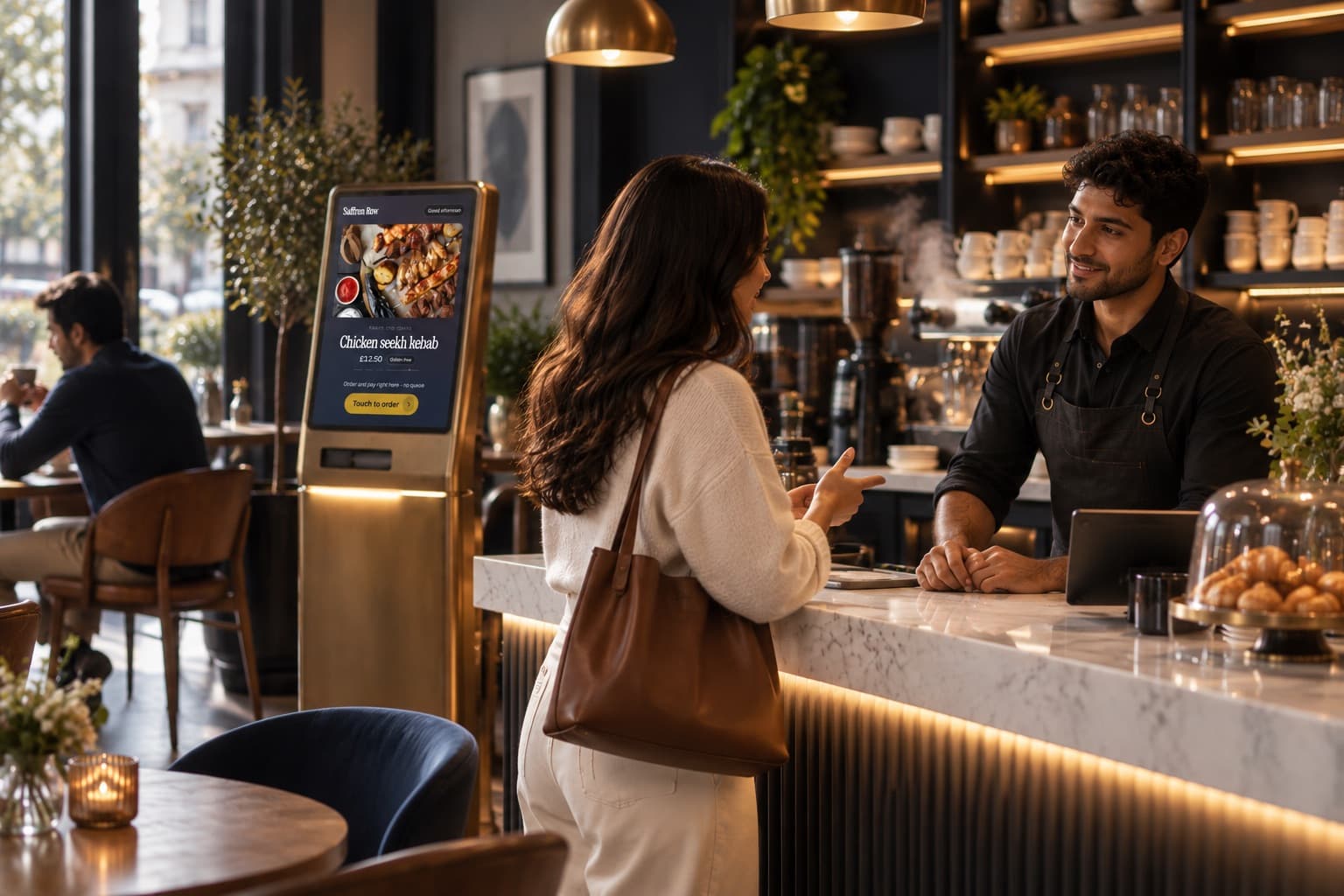 A guest ordering at a café counter beside a self-order kiosk, a barista facing her across the marble